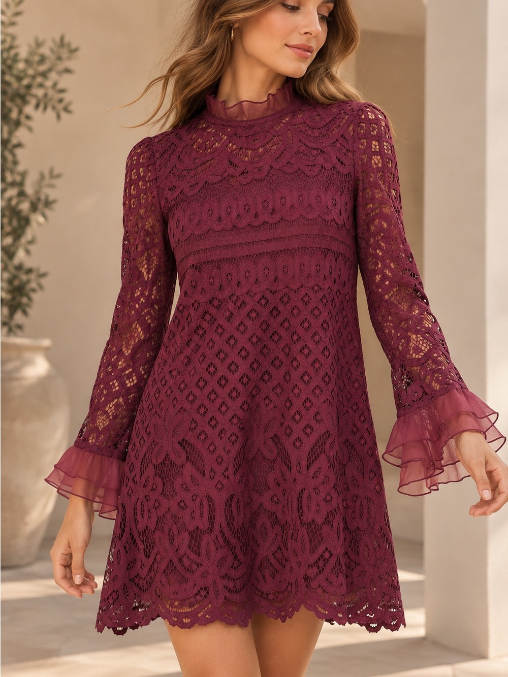 Lulus XL/L Burgundy Wine Lace Long Sleeve Ruffle Mini Dress